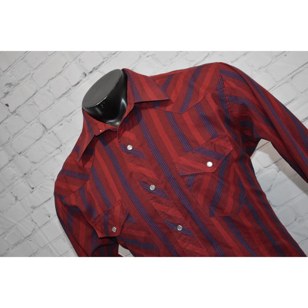 Hustler Retro Western Shirt Mens Size Large Pearl Button Snaps Red Blue Striped